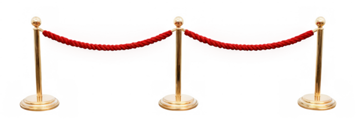 Golden stanchion barriers with red rope separator, arranged in a row on transparent background.