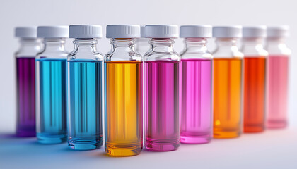 test tubes with colorful liquid. Polymer vials for liquid medications filled with colorful liquids