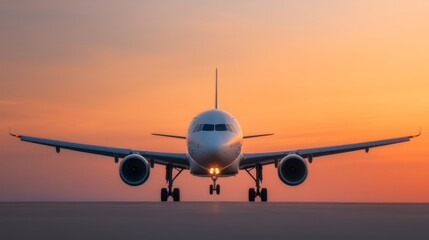 Obraz premium Airplane silhouette against vibrant sunset on airport runway, a captivating scene of travel and aviation
