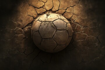 Forgotten Glory: A weathered soccer ball rests in cracked earth, a poignant image of lost dreams and forgotten games..