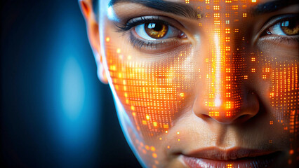 Portrait of a woman with glowing orange digital patterns on her face, highlighting futuristic themes like cyberpunk, AI, augmented reality, face mapping, and biometric technology in modern design