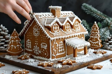 Holiday gingerbread house decorating with festive treats and winter-themed decorations