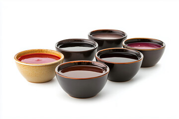 bowls of sauce are arranged in a row. The bowls are of different colors and sizes, and they are filled with various sauces. Concept of variety and abundance