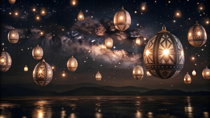 Starry Night with Floating Glowing Easter Egg Lanterns and Copy Space. Perfect for: Easter, Outdoor festivals, Fantasy themes