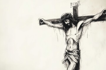 Fototapeta premium Expressive Black and White Pen Sketch of Jesus Christ on the Cross, Featuring Dramatic Lines and Emotional Depth Depicting His Crucifixion