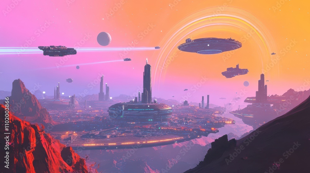 Poster a colorful space scene with many spaceships flying around a large planet