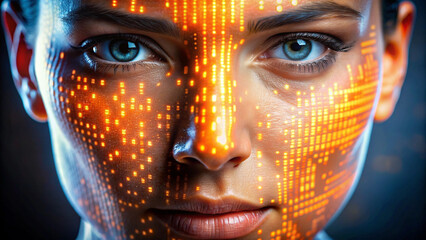 Portrait of a woman with glowing orange digital patterns on her face, highlighting futuristic themes like cyberpunk, AI, augmented reality, face mapping, and biometric technology in modern design