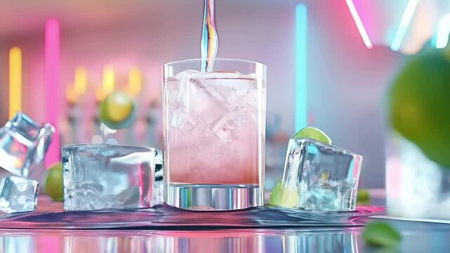 Cocktailzutaten fliegen aus ein Glas, Eisw&uuml;rfel schlittern &uuml;ber den Tresen &ndash; Moderne Atmosph&auml;re