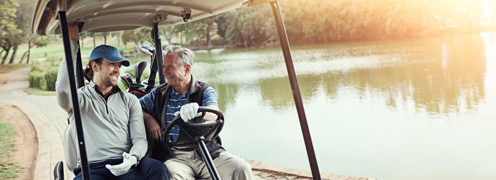 Men, driving and golf cart for sports, game and recreation with weekend hobby, bonding and fitness. Senior parent, man and happy on course for exercise, practice and fun club competition with banner