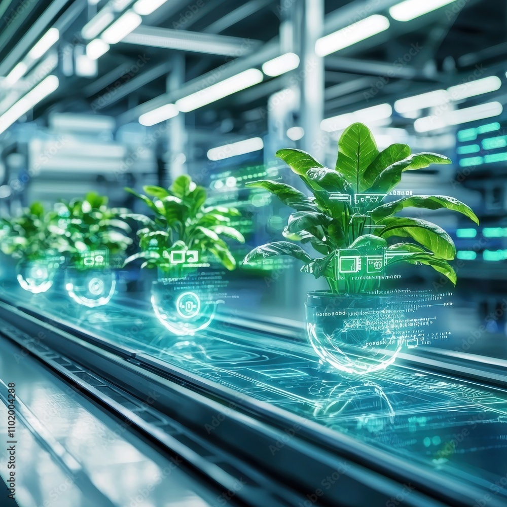 Poster a row of plants with a computer screen in front of them