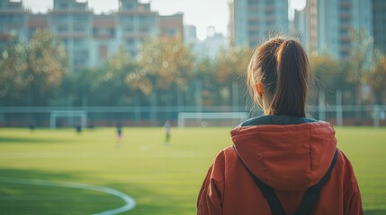 A mother standing at the sidelines of a soccer field, cheering for her child during practice. The vibrant green grass and casual sports environment make the scene simple and engaging 
