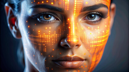 Portrait of a woman with glowing orange digital patterns on her face, highlighting futuristic themes like cyberpunk, AI, augmented reality, face mapping, and biometric technology in modern design