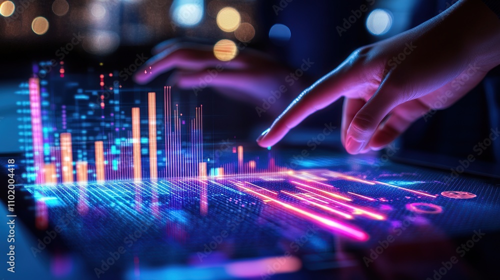Poster a hand interacts with a digital display showcasing colorful data visualizations.