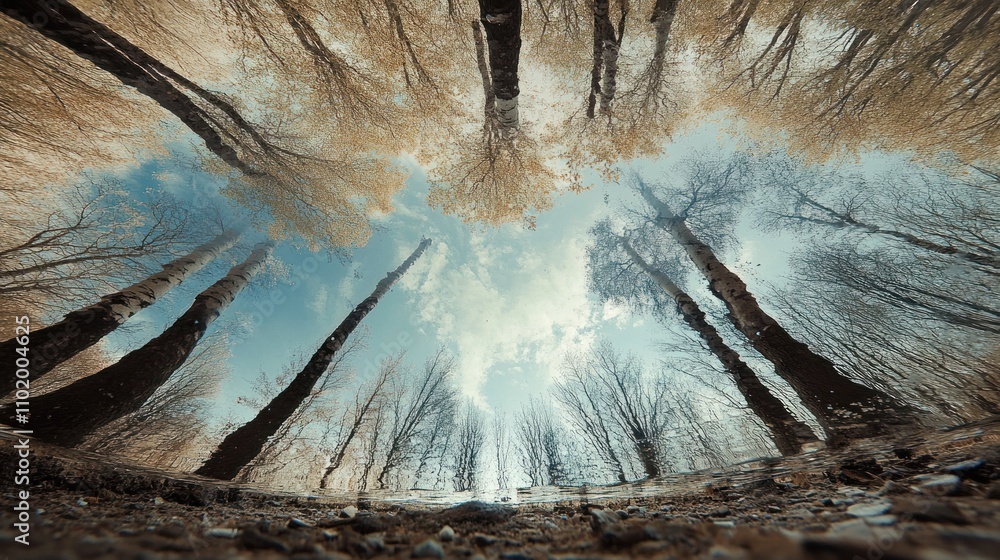 Poster upward view of trees reflected in a puddle, showing a sky with clouds.