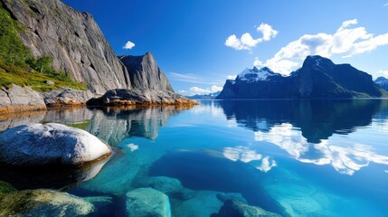 A stunning fjord scene with crystal clear water and rugged mountains, inviting viewers into an idyllic natural retreat characterized by serene beauty and grandeur.