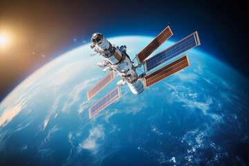 Obraz premium satellite is flying through space above the Earth. The satellite is surrounded by a blue sky and the stars