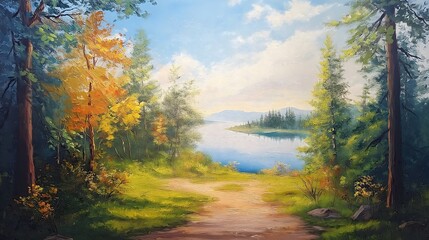 Obraz premium Autumnal lake scene with path.