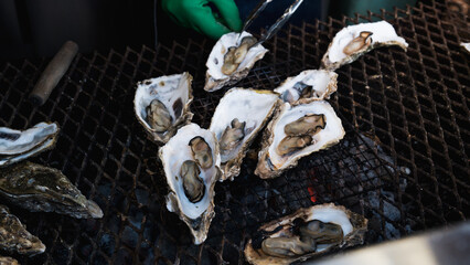Seafood, oysters grilled, squid and scallop grilled, Matsushima fish market, Sendai, Japan, 21...