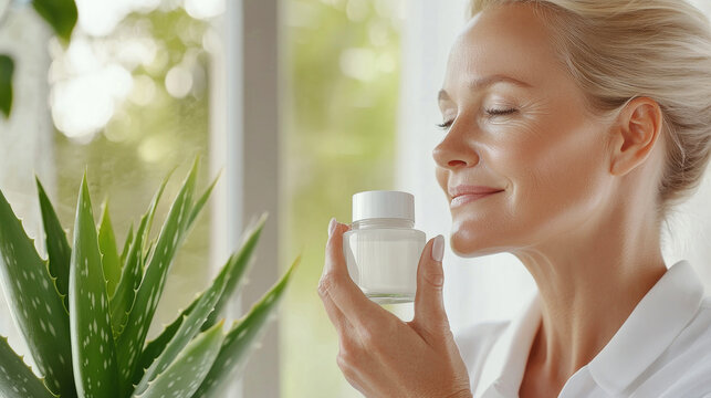 Reife Frau pr&auml;sentiert Aloe vera Produkt