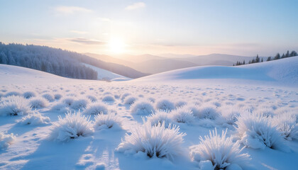 Snowy meadow at dawn with gentle morning light, serene mood, fluffy grasses, rolling hills