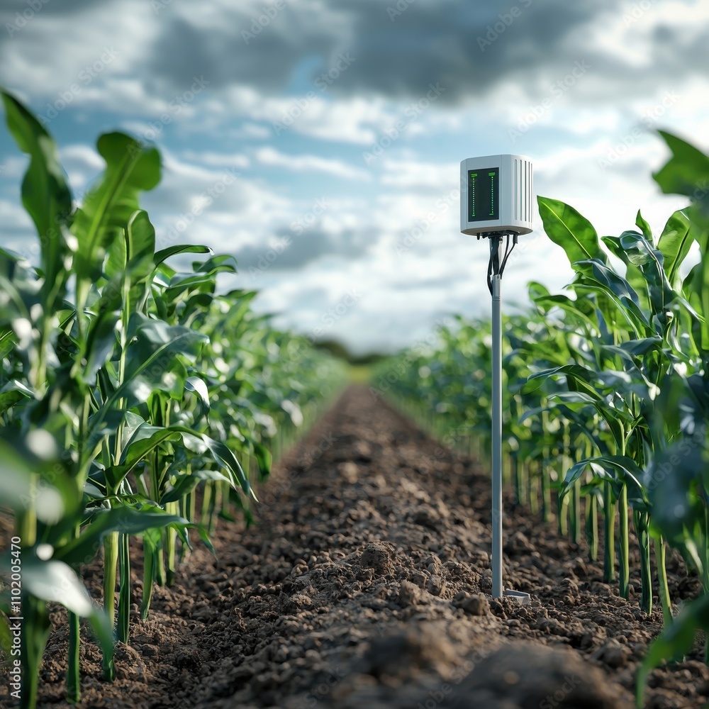 Aufkleber a pole with a device on top of it is in a field of corn