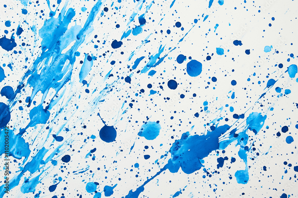 Poster image is of a blue and white background with blue splatters all over it. the splatters are of differ