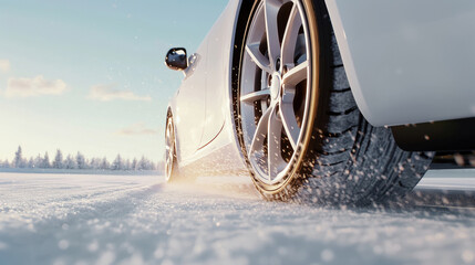 Nahaufnahme eines Autoreifens auf verschneiter Straße
