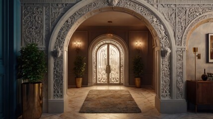 Elegant entryway with ornate arches, double doors, and plants.
