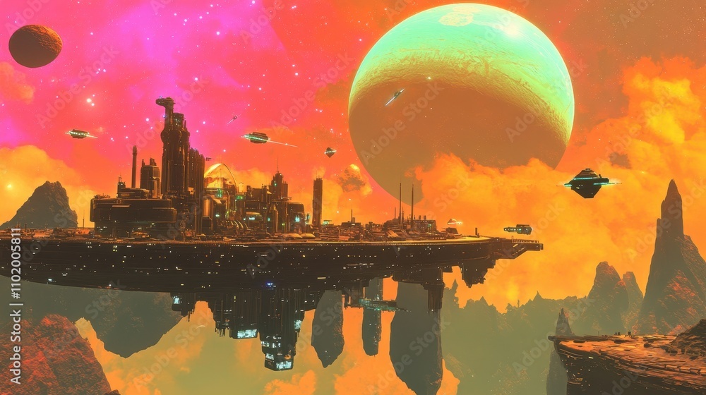 Poster a colorful space scene with a large planet in the background