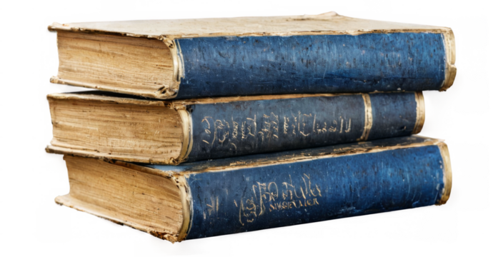 Vintage books stack against black backdrop