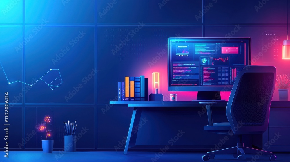 Poster a computer desk with a monitor and a chair