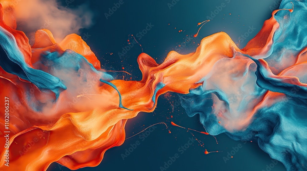 Poster abstract vibrant waves of orange and blue creating dynamic visual energy.
