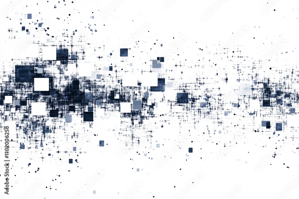 Poster blurry image of squares and dots on a white background. the image is abstract and chaotic, with no c