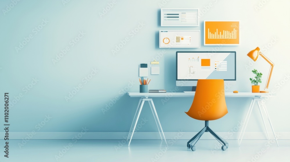 Poster a computer desk with a chair and a monitor