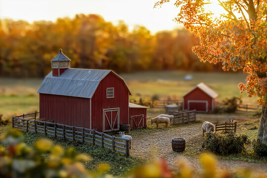 Perfect Miniature: Idyllic Countryside Farm with Red Barn at Autumn Sunset