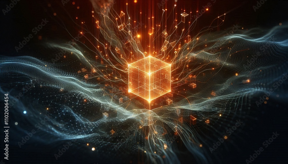 Poster digital cubes pulsating with energy intertwined in a dynamic and luminescent network embodying