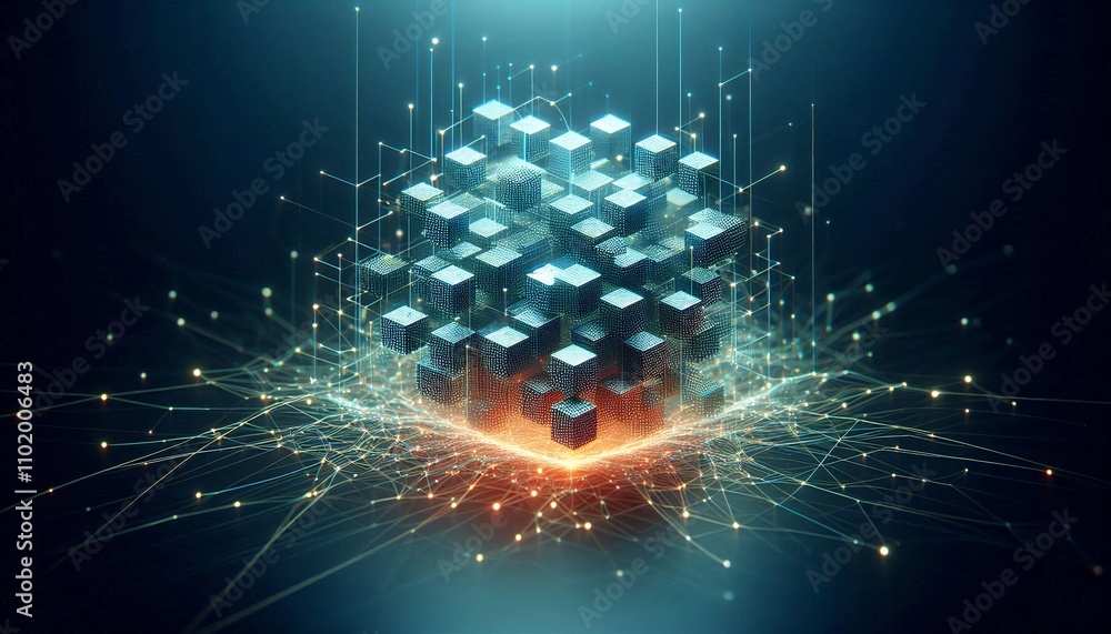 Poster digital cubes pulsating with energy intertwined in a dynamic and luminescent network embodying