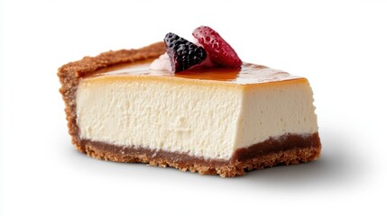 A luscious slice of cheesecake drizzled with caramel glaze, topped with fresh fruit, and featuring a scrumptious crust, evoking a mouthwatering dessert delight.
