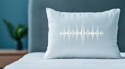 A stylish pillow featuring a sound wave design on a bed.