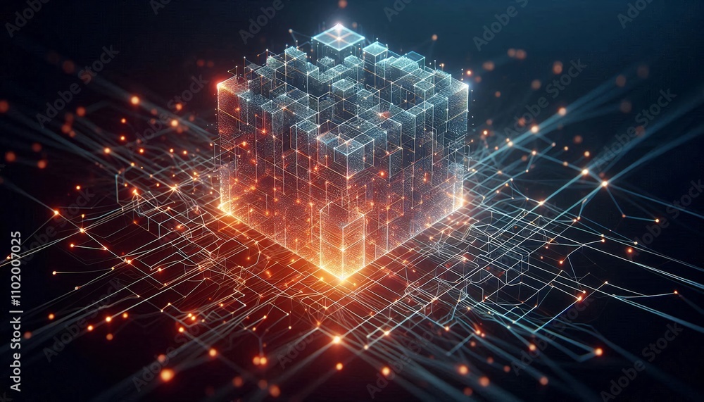 Poster digital cubes pulsating with energy intertwined in a dynamic and luminescent network embodying