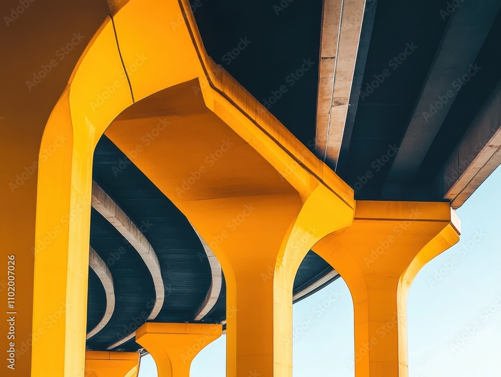 Poster abstract view of vibrant yellow highway pillars with dark overhead structure under sunny sky, showca