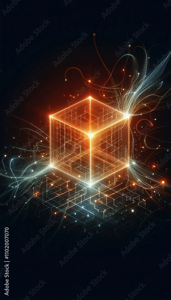 Poster digital cubes pulsating with energy intertwined in a dynamic and luminescent network embodying