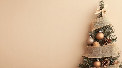 Rustic Burlap Christmas Tree with Bronze Ornaments and Pinecones