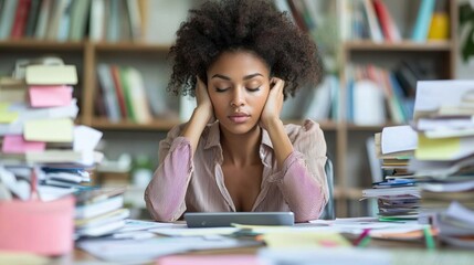 A working mother organizing her desk at the end of the day, tidying up papers and closing her laptop. The clean, uncluttered office setting reflects focus and closure 