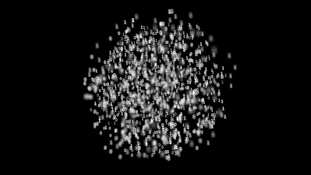 Cloud of Data
Camera orbits round a sphere of binary code. Loops.