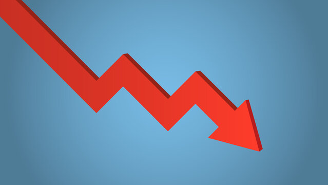 Decreasing concept. A downward zigzag-shaped 3D-style vibrant red arrow, set against a blue background. For decrease, reduction, or decline themes.