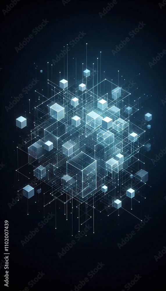Poster digital cubes pulsating with energy intertwined in a dynamic and luminescent network embodying