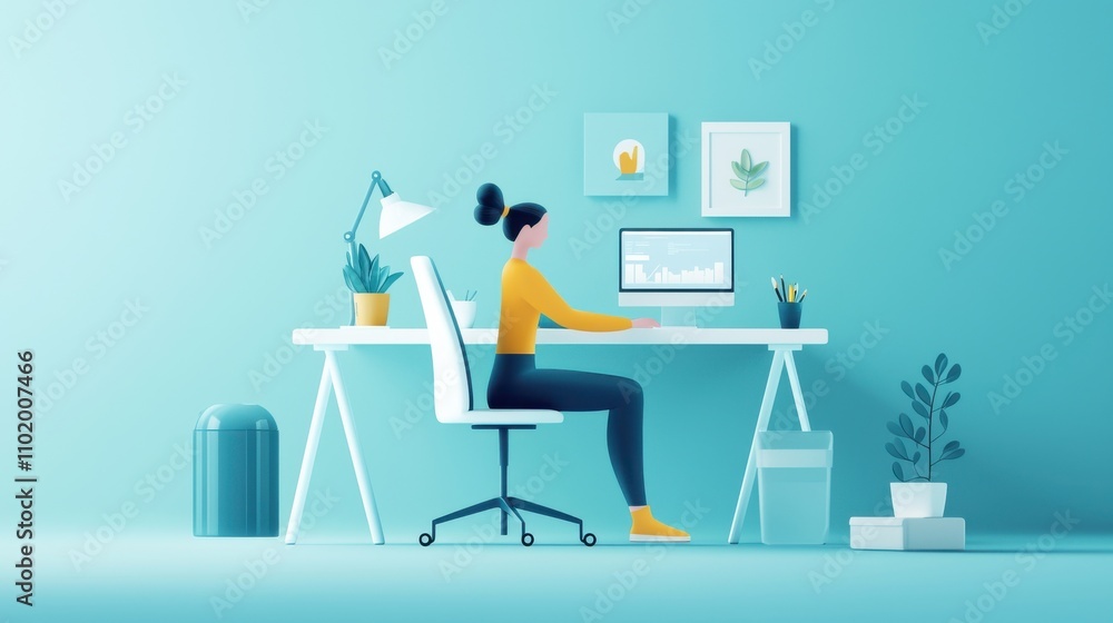 Aufkleber a woman is sitting at a desk with a computer monitor and a keyboard
