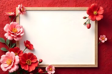 Floral frame with pink flowers on red background. Copy space.