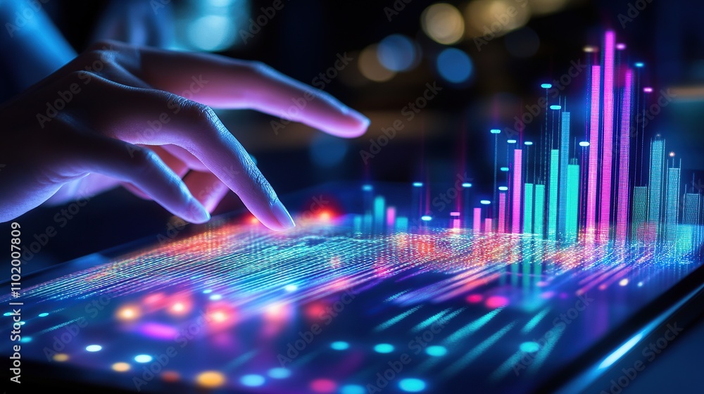 Poster a hand interacts with a digital display showing colorful data visualizations.